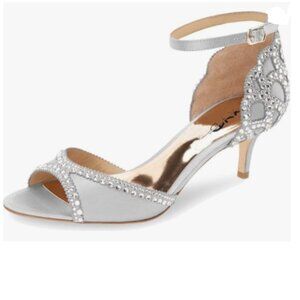 XYD Grey Open Toe Rhinestones Ankle Strap Sandals Low Heel Bridal Evening Shoes